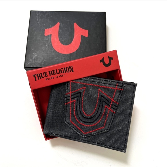 NWT True Religion Reece Denim Leather L-fold Wallet Black Gray Stitch Logo Boxed - Picture 3 of 8